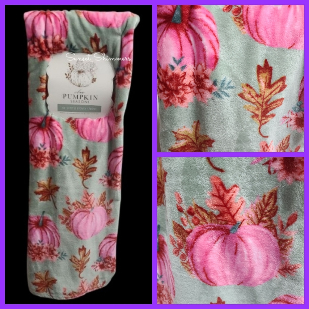 Pink Pumpkin Fall Leaf Mint Green Fleece Throw Blanket Thanksgiving Decor NEW